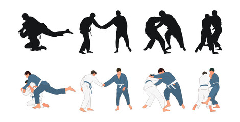 Judo, martial art, silhouettes of judokas, flat, set,