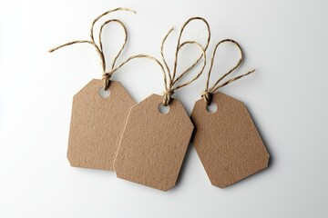 Three blank, rustic kraft paper tags with twine on a white background, perfect for labeling gifts or crafting projects.