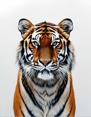 Fototapeta premium A majestic tiger in full detail, standing on a pure white background. The tiger’s powerful physique and vibrant orange and black stripes stand out vividly, with no distractions in the backdrop. 