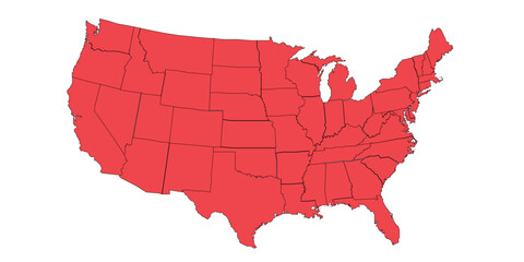 Red map of the United States with state borders in black.