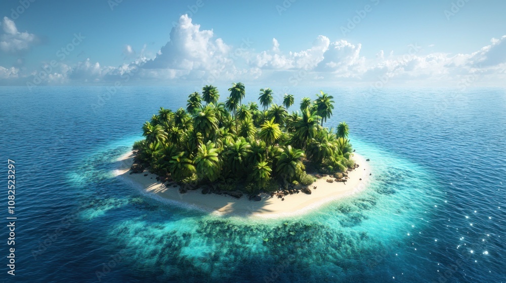 Wall mural tropical island surrounded by clear blue water and palm trees.