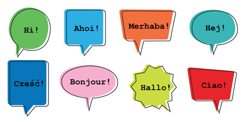Colorful speech bubbles with greetings in different languages. © Silent Vector