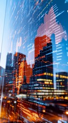 Obraz premium Digital Trade Hub, A glowing cityscape formed from bar graphs, symbolizing global trade and commerce.