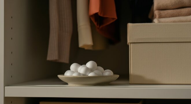 Organized closet interior with neatly folded clothes and storage box
