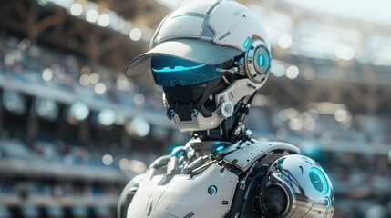 Fototapeta premium A futuristic robot wearing a white baseball cap stands in a stadium with a blurred background.