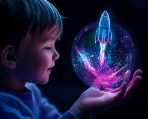 Exploring New Frontiers, A glowing galaxy surrounding a child as they interact with a floating rocket hologram.