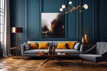 A modern luxury interior features a stylish living room with a blue wall, a cozy sofa adorned with orange pillows, elegant lighting, and sophisticated decor elements.