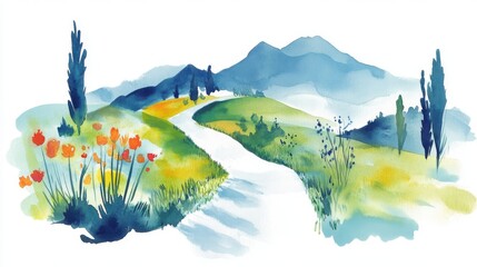 Colorful watercolor landscape with winding path, flowers, and mountains in the background.