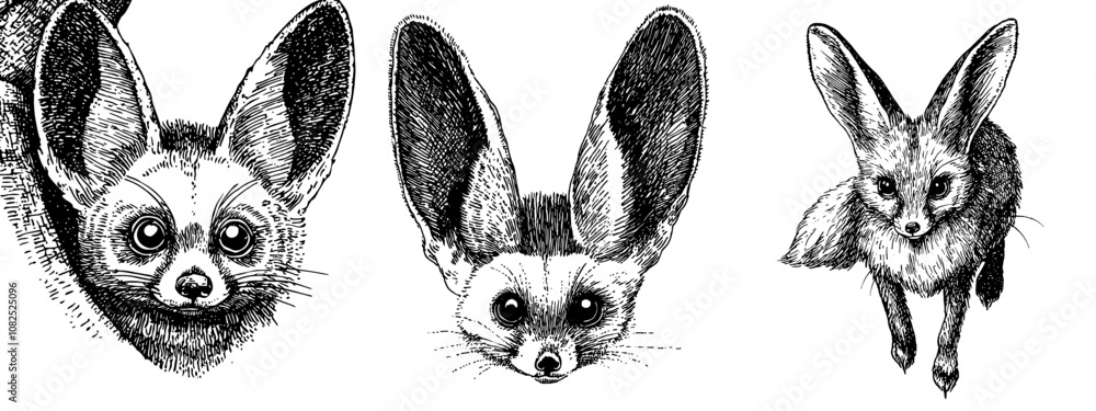Poster ink sketch illustration of an isolated fennec set. a fox background frames fennec silhouettes.