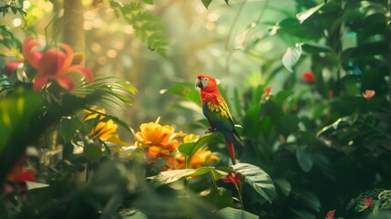 Colorful parrot perched among vibrant tropical flowers in a lush jungle setting. © Tamara