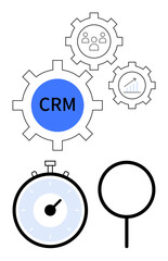 Gear symbols with CRM user icons charts stopwatch and magnifying glass. Ideal for business, management, analysis, productivity, efficiency, time management, optimization. Line metaphor