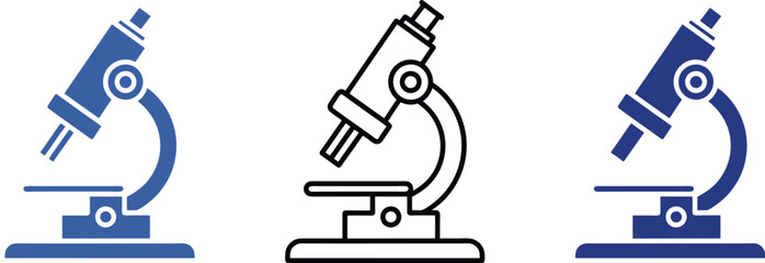 Set of microscope icons in three styles: solid blue, outline black, and dark blue filled. These minimalist microscope symbols are perfect for scientific, educational, and medical themes. Ideal for use