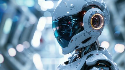 Fototapeta premium Close-up of a futuristic robot's head, featuring a white helmet with a transparent visor and intricate details. The robot's eye is visible through the visor, glowing red.