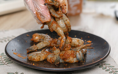 Close-up of Seasoned Shrimp Ready to Cook,  Spicy Shrimp for a Delicious Dinner