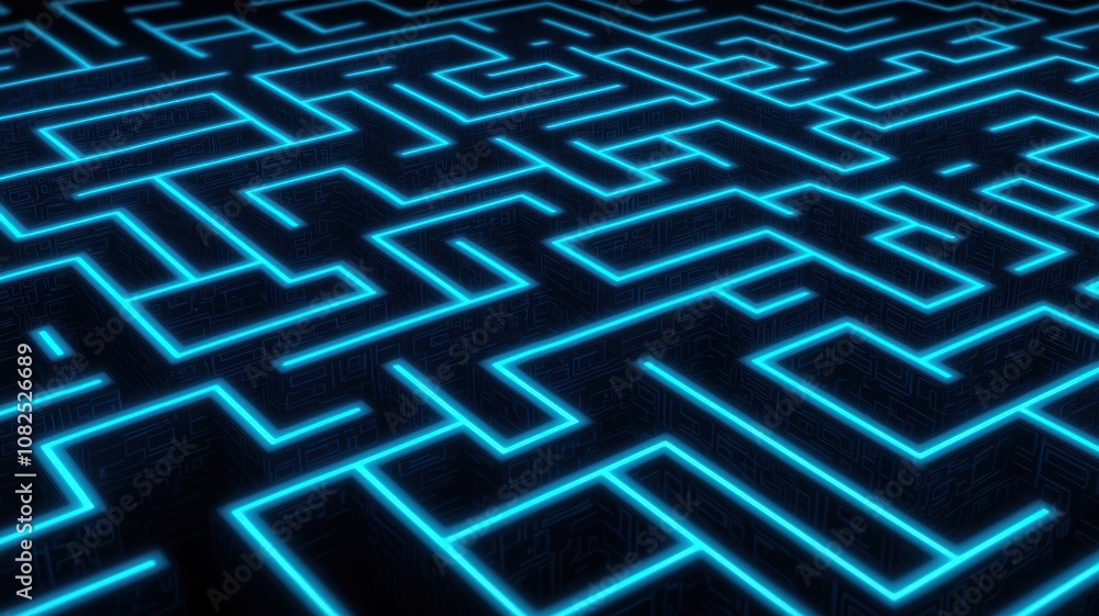 Poster minimalistic neon blue circuit paths on a dark background, creating a futuristic and creative enviro