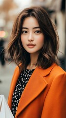 Young woman in orange coat posing on urban street fashion photography daytime capturing confidence and style