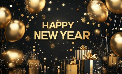 Naklejka premium Elegant gold-themed New Year backdrop with shiny balloons, gifts, and sparkles surrounding the bold 'Happy New Year' greeting. Perfect for festive celebrations and holiday cards.