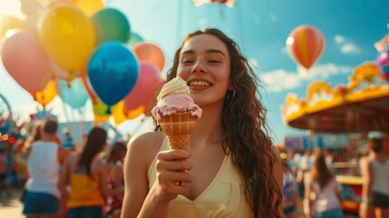 Happy girl enjoying ice cream at a vibrant sunny fair with colorful balloons in the background