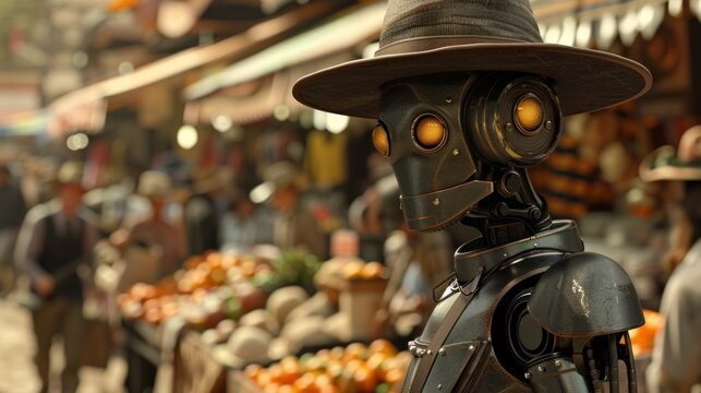 A steampunk robot in a wide-brimmed hat stands in a bustling marketplace, its metallic body blending into the crowded scene.