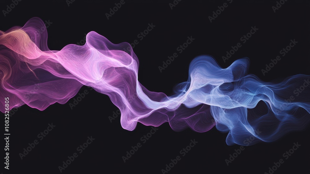 Poster abstract fluidity of electric waves with floating circuitry shapes in blue and pink color palette em