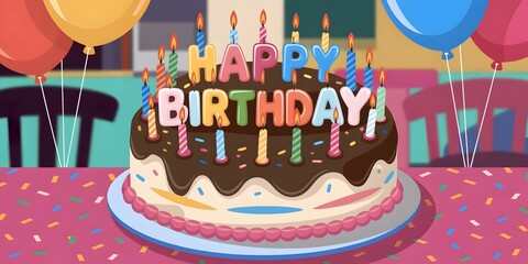 Birthday cake illustration with candles, balloons, and room background