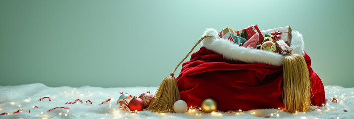 Fototapeta premium Red Santa Bag Filled with Christmas Gifts and Ornaments