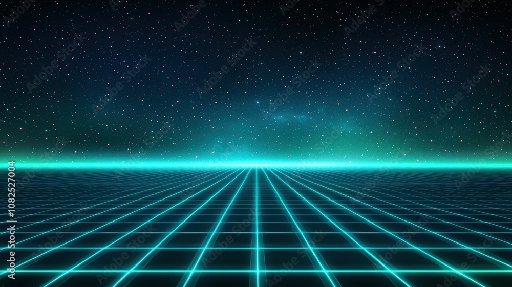 Poster abstract neon grid background featuring floating data points against a cosmic starry night sky for f