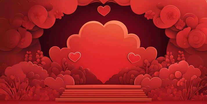 Happy Valentine's Day background with a podium and clouds for product display presentation. Vector illustration red color banner