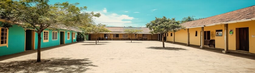 A courtyard surrounded by colorful buildings under a clear blue sky.