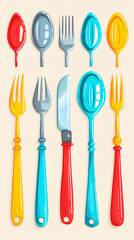 Colorful Cartoon Cutlery Set Illustration - Fun and Playful Kitchen Utensils Design for Print, Card, Poster