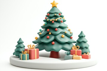 Fototapeta premium 3D cartoon Christmas tree with presents, green color palette, soft edges and blurred details, in vector illustration style, 2D game art, and cute toy sculptures on white background.