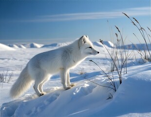 Obraz premium Arctic Fox Camouflaged in Snowy Landscape Under Clear Blue Sky