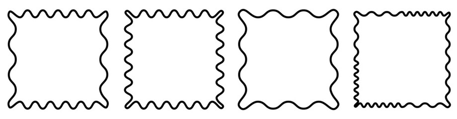 Retro scallop, zigzag wavy edges square frames set. Vector design template for social media, Y2k style psychedelic squiggle line frames collection
