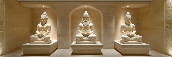 Fototapeta premium Three serene statues of Buddha displayed in a tranquil, well-lit setting.