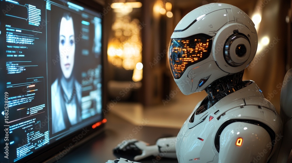 Poster android participates in a virtual meeting in a high-tech setting during evening hours