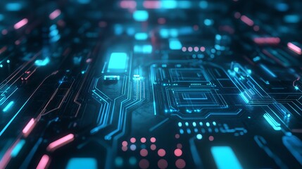 Obraz premium Abstract futuristic circuit board technology design with high-tech processing elements and digital connections in a modern innovation background