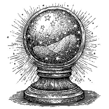 recommend clip art: An illustration of a fortune teller with a magic crystal ball and clairvoyance. A typical comic style illustration.