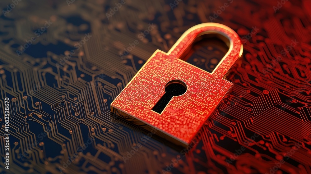 Poster a metallic lock on a circuit board background symbolizes security and technology in the digital age.