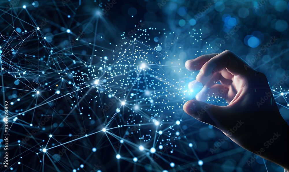 Poster hand touching a virtual digital network connection with a blue background