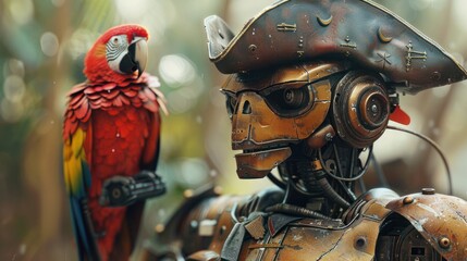Fototapeta premium A robotic pirate with a parrot perched on its shoulder.