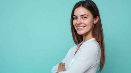 Smiling young woman exuding confidence against a serene turquoise background