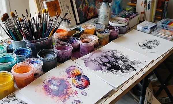 A vibrant art studio workspace with paintbrushes and colorful paint pots.