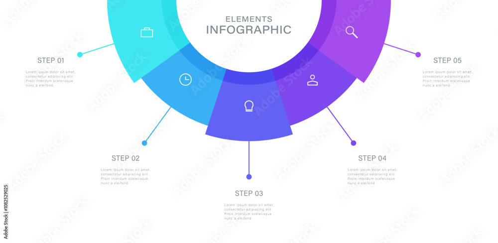 Poster semicircular pie chart. concept of five features of startup project to select. infographic vector il