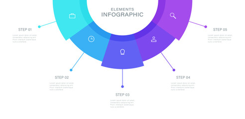 Semicircular pie chart. Concept of five features of startup project to select. Infographic vector illustration for business information visualization.