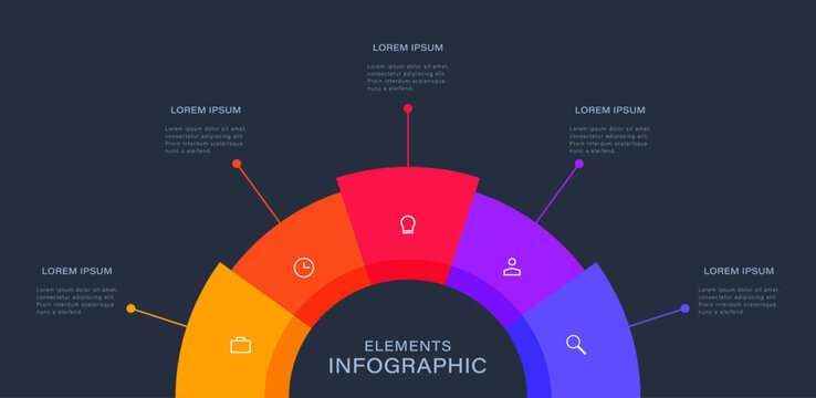 Semicircular pie chart. Concept of five features of startup project to select. Infographic vector illustration for business information visualization
