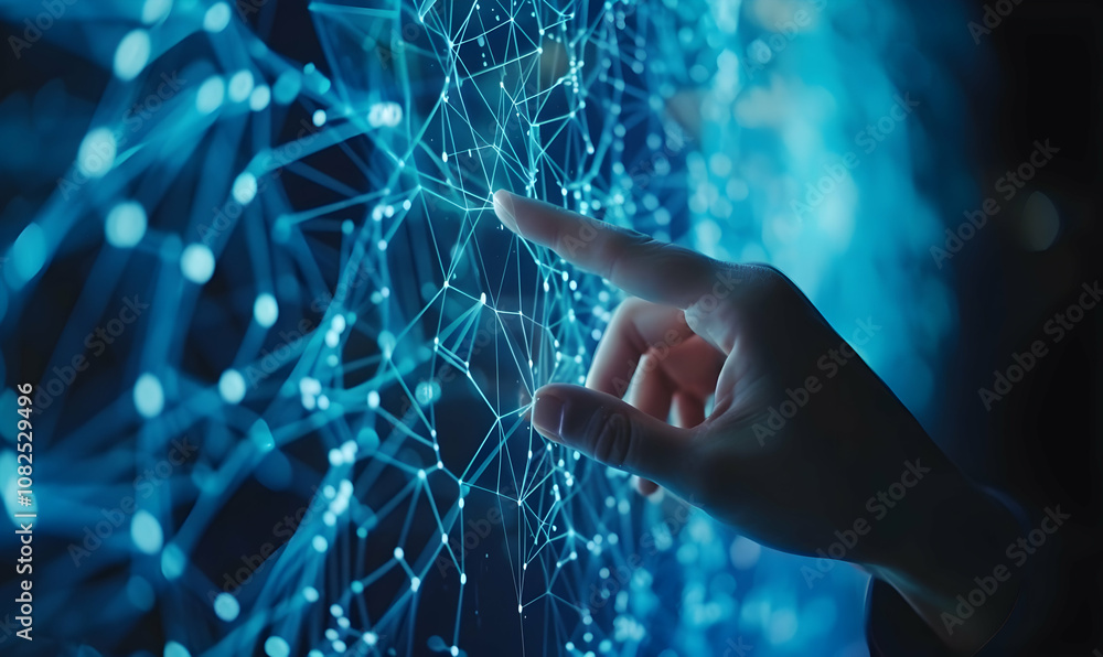 Aufkleber hand touching a virtual digital network connection with a blue background