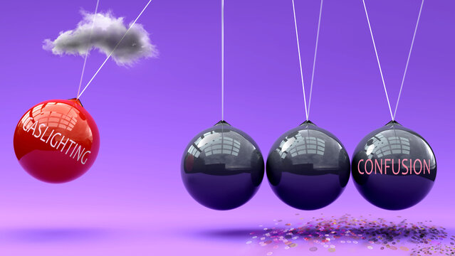Gaslighting leads to confusion. A Newton cradle metaphor showing how gaslighting triggers confusion. Cause and effect relation between them. Vicious cycle ,3d illustration