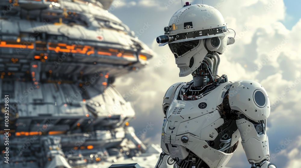 Poster a white humanoid robot wearing a hard hat and goggles stands in front of a large spaceship.
