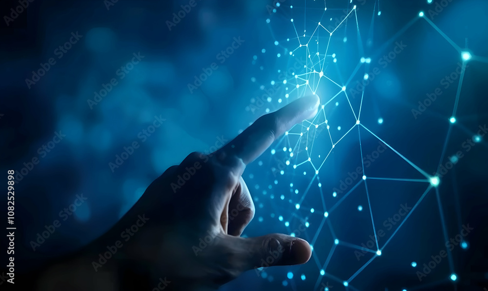Poster hand touching a virtual digital network connection with a blue background