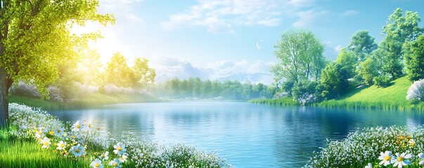 A serene lakeside landscape with vibrant greenery and flowers under a bright sky.